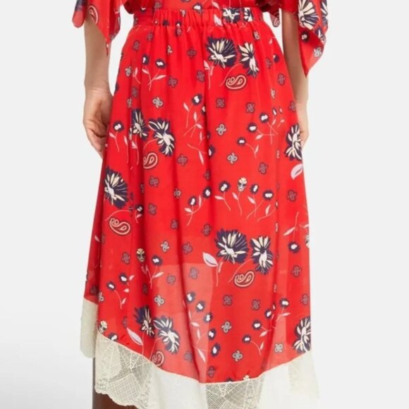 Zadig & Voltaire Red Asymmetric Print Silk Midi Length Skirt M - Picture 6 of 10